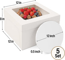 Load image into Gallery viewer, 5-Set Cake Boxes 12 Inch With 0.5" Cake Drums - 12x12x8 Tall Cake Box and 12" Thick Cake Boards