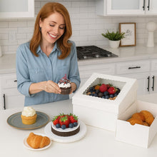 Load image into Gallery viewer, 5-Set Cake Boxes 12 Inch With 0.5" Cake Drums - 12x12x8 Tall Cake Box and 12" Thick Cake Boards