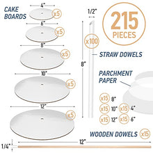 Load image into Gallery viewer, Five-Tier Kit (12", 10", 8", 6", 4" Boards with Wooden Dowels, Straw Dowels, and Pre-Cut Parchment Paper Circles)