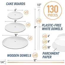 Load image into Gallery viewer, Three-Tier Kit (10&quot;, 8&quot;, 6&quot; Boards with Wooden Dowels, Straw Dowels, and Pre-Cut Parchment Paper Circles)
